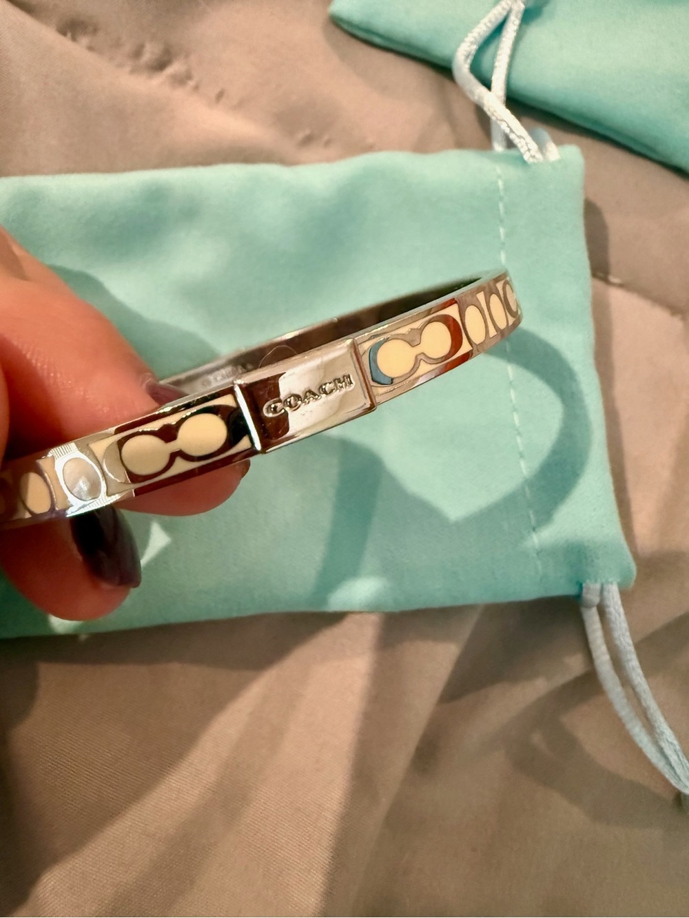 Coach Silver Logo Enamel Bangle in Ivory